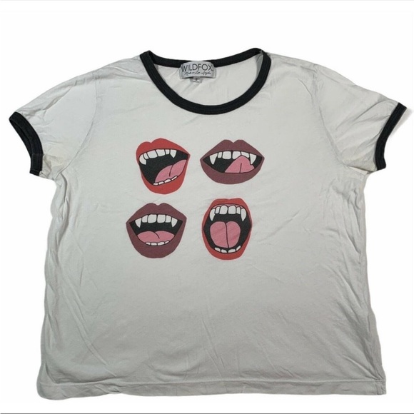 WILDFOX Ringer Tee sz Small Johnny Fang 4 Mouths Graphic Black White - Picture 3 of 10